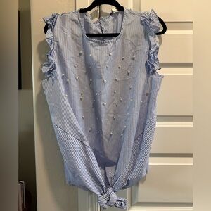 Elegant Blue Striped Blouse with Ruffle Sleeves